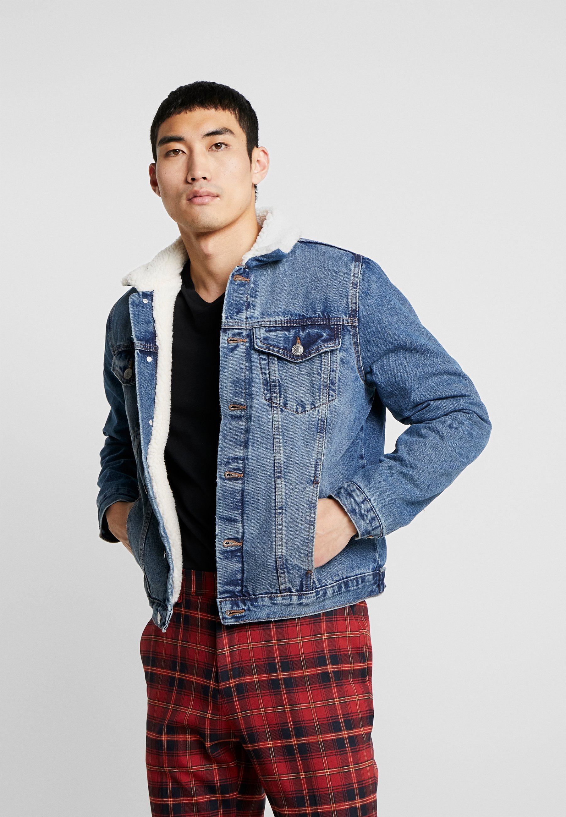 new look borg lined denim jacket in washed black