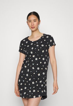 Floral print dress with a black background, featuring white daisies and yellow accents. Short sleeves and a rounded neckline. Soft texture.