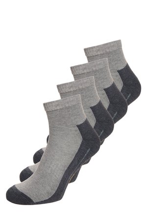 Graue Knöchelsocken mit einem helleren grauen Körper und dunklen grauen Akzenten. Aus einem glatten, dehnbaren Material mit gerippten Bündchen hergestellt. Im Set verkauft.
