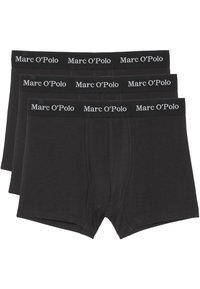 Boxer da uomo in cotone nero in confezione da tre. Presentano una morbida cintura elasticizzata con il logo "Marc O'Polo" in bianco. Texture liscia.