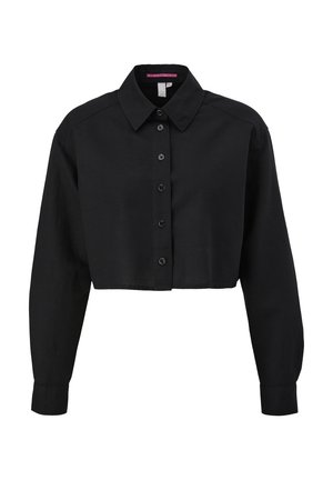 Schwarzes, kurzes Hemd mit Knopfleiste, strukturiertem Kragen, langen Ärmeln und sechs vorderen Knöpfen, aus leichtem Stoff gefertigt.