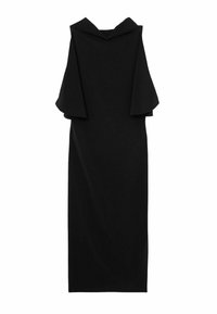 Schwarzes Kleid mit Kapuze, kurzen schwingenden Ärmeln und einem schlanken, taillierten Design. Glatte Textur ohne sichtbare Muster oder Beschläge.