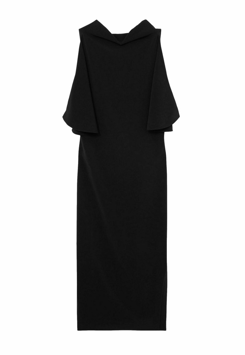 Schwarzes Kleid mit Kapuze, kurzen schwingenden Ärmeln und einem schlanken, taillierten Design. Glatte Textur ohne sichtbare Muster oder Beschläge.