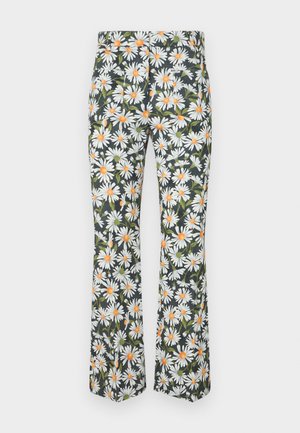 Flared trousers in a floral pattern featuring white daisies with orange centers on a dark background. Made from lightweight fabric.