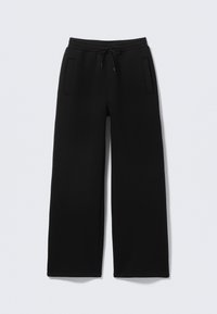 Μαύρο παντελόνι φαρδύ με φαρδιά πόδια, κατασκευασμένο από μαλακό ύφασμα, με ελαστική ζώνη μέσης και κορδόνι, καθώς και δύο πλαϊνές εφαπτόμενες τσέπες.