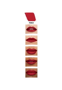 La teinte de rouge à lèvres "Pioneer" est affichée au-dessus de cinq images de lèvres montrant différents finis : mat, satiné et brillant. Chaque lèvre a une forme définie.