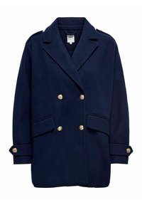 Manteau croisé bleu marine avec boutons dorés, revers crantés, poches à rabat et brides boutonnées aux poignets et aux épaules.