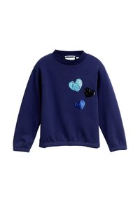 Felpa navy con scollo rotondo, caratterizzata da tre cuori in paillettes blu e nere sul davanti. Maniche e orlo a costine.