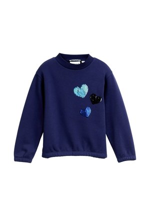 Felpa navy con scollo rotondo, caratterizzata da tre cuori in paillettes blu e nere sul davanti. Maniche e orlo a costine.