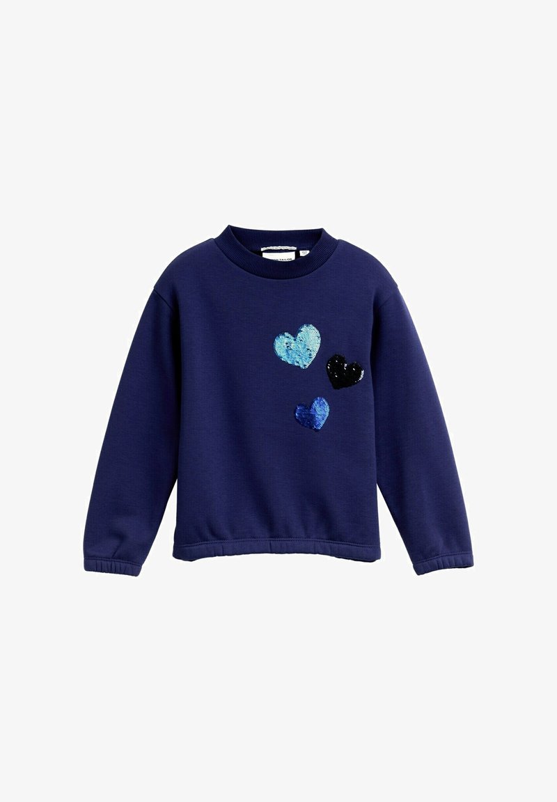 Felpa navy con scollo rotondo, caratterizzata da tre cuori in paillettes blu e nere sul davanti. Maniche e orlo a costine.