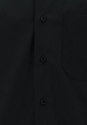 Black button-up shirt made of smooth fabric, featuring a chest pocket, six buttons, and a classic collar design.