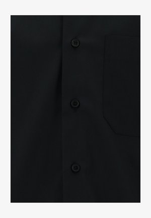 Zwarte button-up shirt van glad stof, met een borstzak, zes knopen en een klassieke kraagontwerp.