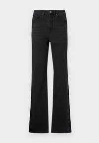 Svarte, utsvingte jeans laget av denim; høyt midje-design med fem lommer og en enkelt frontknapp. Glatt tekstur med subtile sømdetaljer.