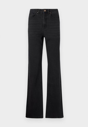 Svarte, utsvingte jeans laget av denim; høyt midje-design med fem lommer og en enkelt frontknapp. Glatt tekstur med subtile sømdetaljer.