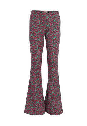 Uitlopende broek met een geribbelde textuur, voorzien van een groen-roze bloemenpatroon en een "Looxs" label op de elastische tailleband.
