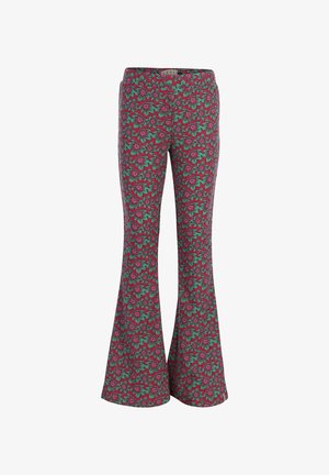 Uitlopende broek met een geribbelde textuur, voorzien van een groen-roze bloemenpatroon en een "Looxs" label op de elastische tailleband.