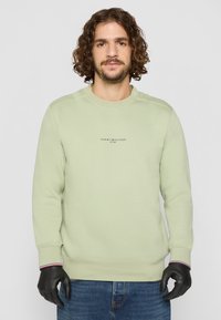 Lys grønn sweatshirt med rund hals, med et sentralt logo. Mansjettene har røde og blå detaljer. Modellen har på seg dongrijeans og hansker.