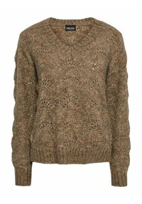 Brauner Strickpullover mit V-Ausschnitt, strukturiertem Muster und geripptem Saum. Der Stoff hat eine weiche, grobe Struktur für Wärme.