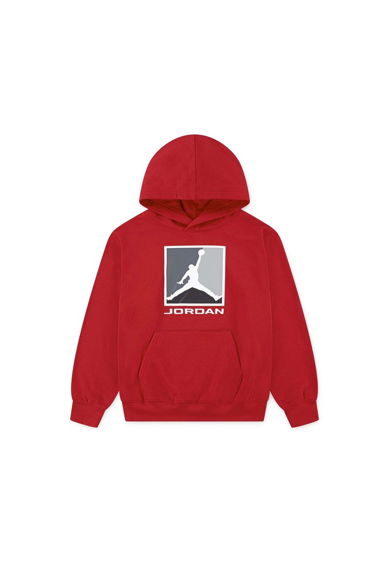 Felpa rossa con cappuccio e tasca a marsupio, con un logo quadrato grigio che rappresenta una figura che salta e il testo "JORDAN" sottostante. Tessuto morbido.