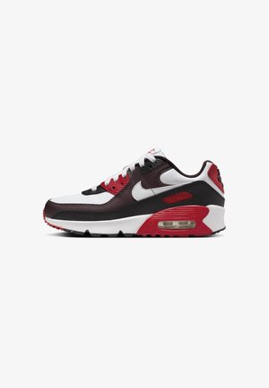 Zapatillas Nike Air Max 90 con un diseño en blanco, negro y rojo intenso, parte superior de cuero texturizado y malla, y unidad de amortiguación de aire visible.