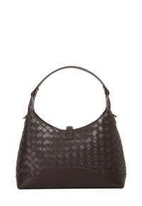 Woven leather handbag in dark brown, featuring a rounded silhouette, short handle, and a smooth bottom accent. Minimalist design with no hardware.