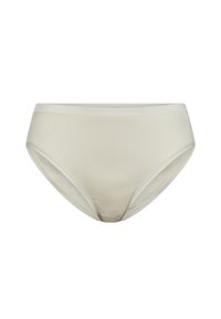 Beige bomulds-bikini med en mellem-højde design, sømløse kanter og en glat tekstur. Har en klassisk skæring og subtile syninger.