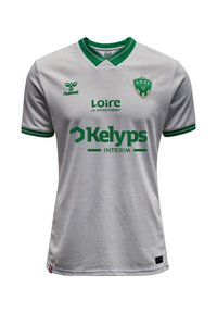Grijze voetbalshirt met groene accenten, voorzien van een ronde kraag, logo en tekst. Geweven patroon op de stof en gestreepte mouwoevers.
