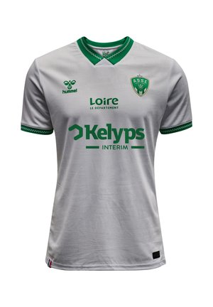 Grijze voetbalshirt met groene accenten, voorzien van een ronde kraag, logo en tekst. Geweven patroon op de stof en gestreepte mouwoevers.