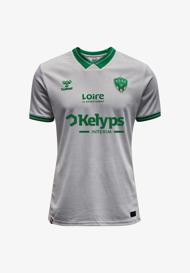 Harmaa jalkapallo-asu vihreillä yksityiskohdilla, jossa on pyöreä kaulus, logo ja teksti. Kudottu kuvio kankaassa ja raidalliset hihojen reunat.