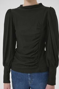 Black long-sleeve top with a high neck and gathered side detail. Features voluminous puffed sleeves and a smooth, stretchy fabric.