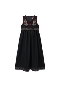 Schwarzes ärmelloses Kleid mit floralem Stickmuster in Rot, Weiß und Grün am Rundhalsausschnitt und Saum, mit einem gerafften Rock.