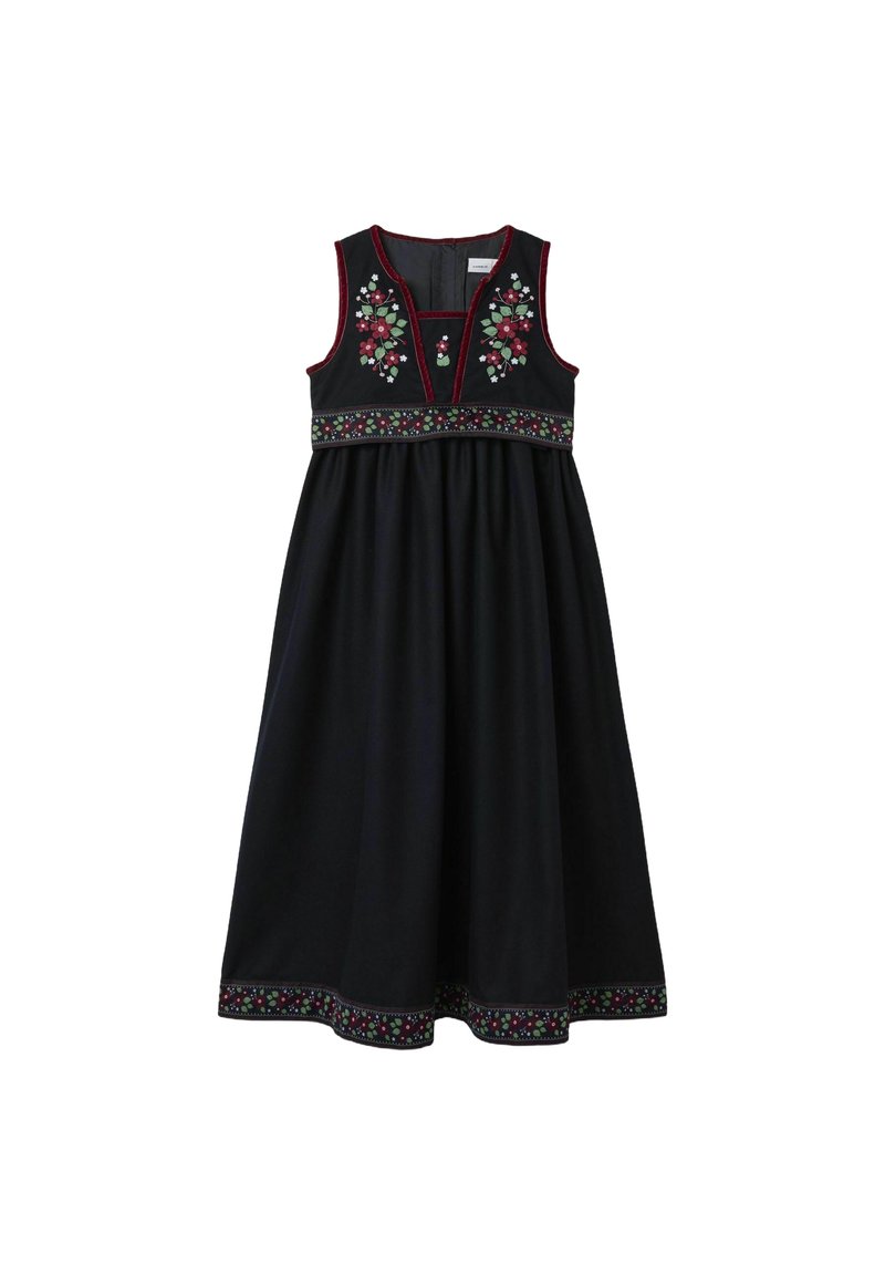 Schwarzes ärmelloses Kleid mit floralem Stickmuster in Rot, Weiß und Grün am Rundhalsausschnitt und Saum, mit einem gerafften Rock.