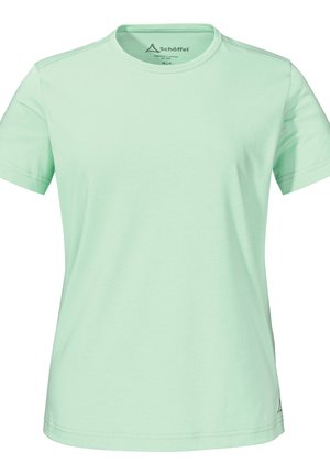 Mint green cotton t-shirt with short sleeves, a round neckline, and a flexible fit. Features subtle branding near the collar and a straight hem.