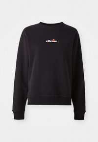 Sudadera negra hecha de una tela suave, con cuello redondo, puños acanalados y un pequeño logo colorido de "ellesse" en el pecho.