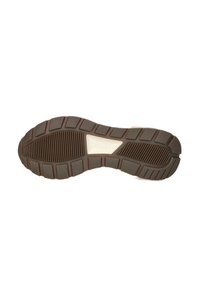 Rubber shoe sole with patterned grooves and ridges; predominantly brown with a lighter accent; features a triangular logo detail.