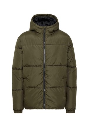 Olive green puffer jacket with a hood, front zip closure, ribbed cuffs, and quilted design. Made of lightweight, insulated material.