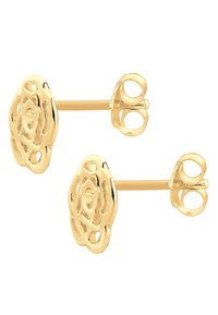 Guldtonede studs med en detaljeret blomsterdesign, glat overflade og sikker push-back lukning.