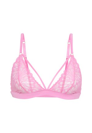 Ροζ δαντελένο bralette με τριγωνικό σχέδιο φλις, διαφανές δαντελένιο επικάλυμμα, ρυθμιζόμενους ιμάντες και στερεή ταινία στο κάτω μέρος.