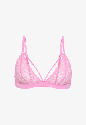 Ροζ δαντελένο bralette με τριγωνικό σχέδιο φλις, διαφανές δαντελένιο επικάλυμμα, ρυθμιζόμενους ιμάντες και στερεή ταινία στο κάτω μέρος.