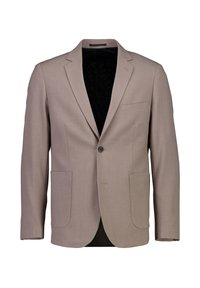 Beżowa marynarka na jedno zapięcie, z klapami typu notch oraz dwoma przednimi kieszeniami. Charakteryzuje się gładką fakturą oraz czarną podszewką wewnętrzną.