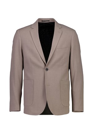 Beiger Blazer mit einem Knopf, Reverskragen und zwei Vorderentaschen. Verfügt über eine glatte Textur und ein schwarzes Innenfutter.