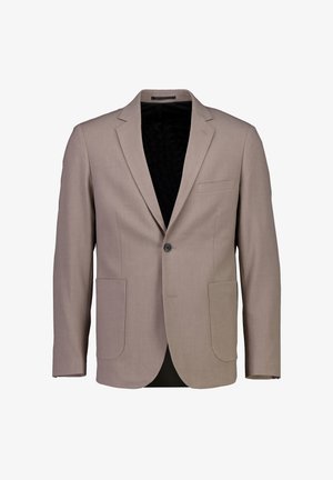 Beiger Blazer mit einem Knopf, Reverskragen und zwei Vorderentaschen. Verfügt über eine glatte Textur und ein schwarzes Innenfutter.