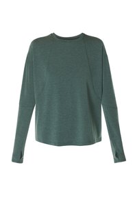 Langarm gemuteerde groene crewneck shirt met duimopen in de manchetten, met subtiele naaddetails langs de mouwen en schouders.