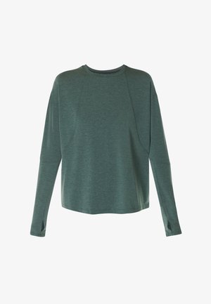 Langarm gemuteerde groene crewneck shirt met duimopen in de manchetten, met subtiele naaddetails langs de mouwen en schouders.