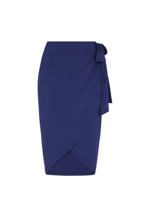 Marineblaue Wickelröcke mit seitlichem Bindeband, gefertigt aus einem glatten Stoff. Verfügt über ein tailliertes Design und einen asymmetrischen Saum für zusätzliche Details.