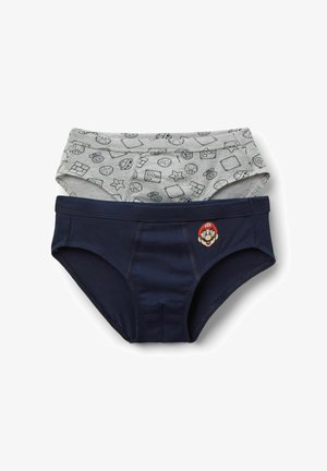 Due slip per ragazzi, una grigia con motivi neri a tema videogioco, una blu navy con il piccolo volto del personaggio Mario sul lato anteriore sinistro.