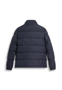 Tamno plava jakna s uzorkom, punjena s pjenom, dugih rukava, elastičnim manžetama i stojećim ovratnikom, prikazana s leđa na bijeloj pozadini.