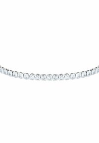 Bracciale caratterizzato da una fila di cristalli trasparenti tagliati a squadrato, impostati in una montatura metallica di tonalità argento lucida, creando un design uniforme e scintillante.