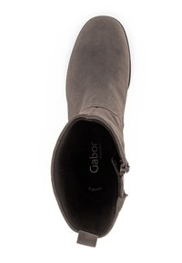 Gray suede ankle boot with a rounded toe and a zipper closure on the side. Soft interior lining, low heel, and pull tab at the back.