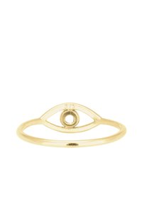 Goldring mit einem minimalistischen Augendesign, das eine offene Augengestalt und ein kreisförmiges Zentrum zeigt. Mit "375" für die Goldreinheit gekennzeichnet.